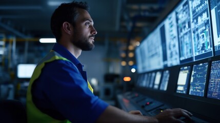 Man Working at Control Panel in Industrial Facility