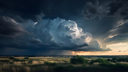 Fototapeta premium fluffy clouds drifting in a dark sky with distant thunderclouds
