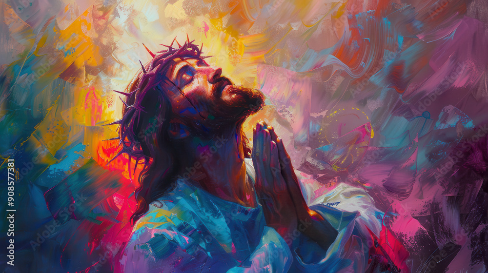 Wall mural a vibrant oil painting of jesus christ, wearing a crown of thorns, praying with hands clasped, near 