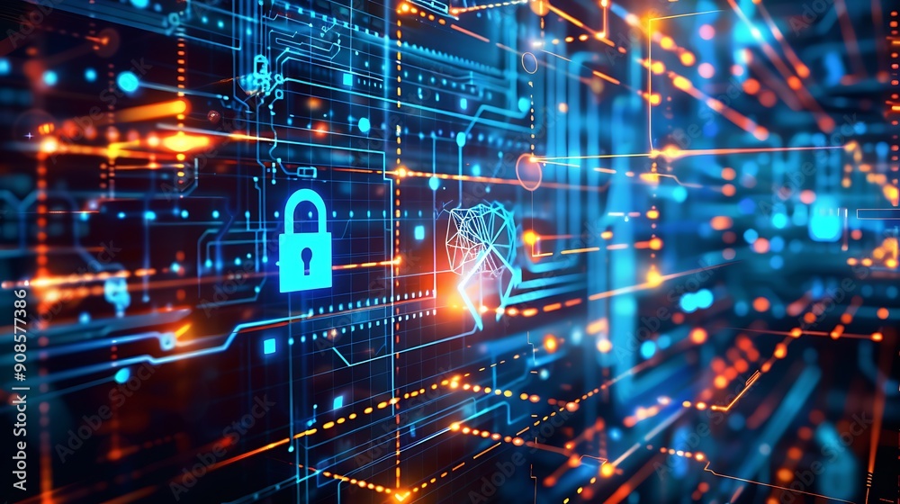 Poster abstract digital background representing data security and cybersecurity with glowing circuit boards
