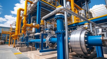 Industrial Plant with Blue and Yellow Pipes