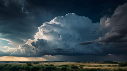 fluffy clouds drifting in a dark sky with distant thunderclouds