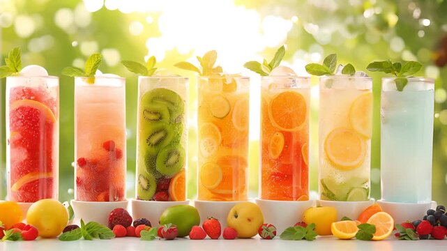 A refreshing row of colorful fruit infused drinks with ice and mint garnishes.  Perfect for summer refreshment.