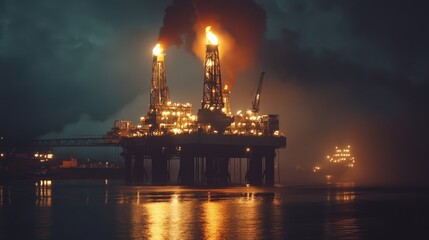 Nighttime view of a burning oil refinery