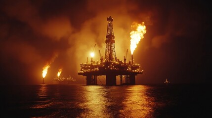 Obraz premium Nighttime view of a burning oil refinery