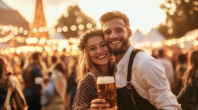 Happy couple in traditional Bavarian attire, smiling and enjoying Oktoberfest in Munich, Germany, with vibrant festive lights in the background. This image captures the joy and cul