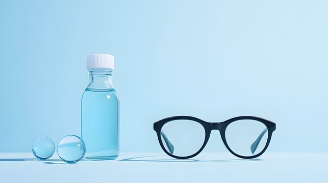 Pair of sleek black glasses and artificial tears bottle, soft pastel blue background, modern aesthetic, soft shadows, mood of calm and comfort
