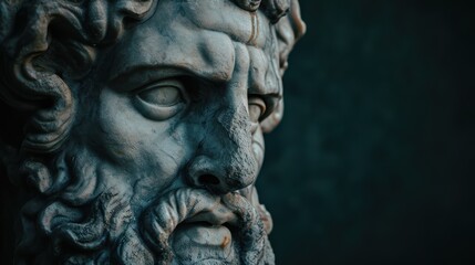 Dramatic close-up of an ancient stone statue