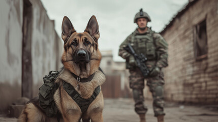 A vigilant German Shepherd in tactical gear stands beside a soldier in protective gear, both poised and alert in an urban setting. The image suggests strong security and unwavering