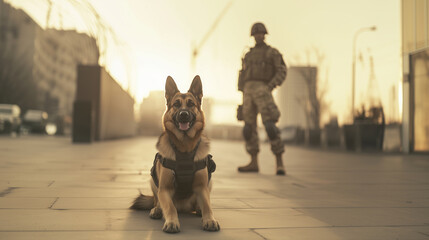 A German Shepherd in tactical gear alongside a soldier in protective attire, set against the backdrop of an urban environment. The photograph conveys themes of loyalty, security, a