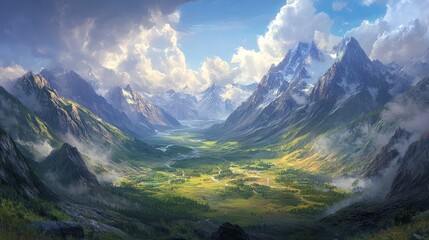 Fototapeta premium A breathtaking epic landscape of towering mountains, expansive valleys, and a dramatic sky, capturing the grandeur and scale of beauty.