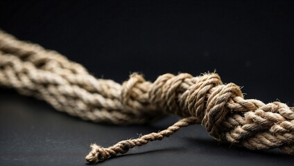 Black and white photograph of the texture of an old thick rope in full frame the rope is coiled in.
