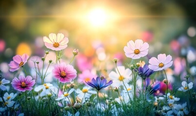 Golden Hour Wildflower Meadow: Autumn Harvest Landscape Bathed in Warm Sunset Light, Inspiring Serenity and Nature's Bounty for Meditation and Agricultural Marketing