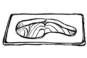 筆タッチの焼き鮭のモノクロ線画イラスト