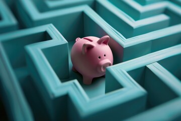 Pink piggybank trapped a maze.