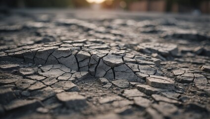 Cracked grey earth background, top perspective view.