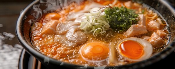 Delicious ramen bowl featuring tender meat, soft boiled eggs, and fresh green onions in rich broth.