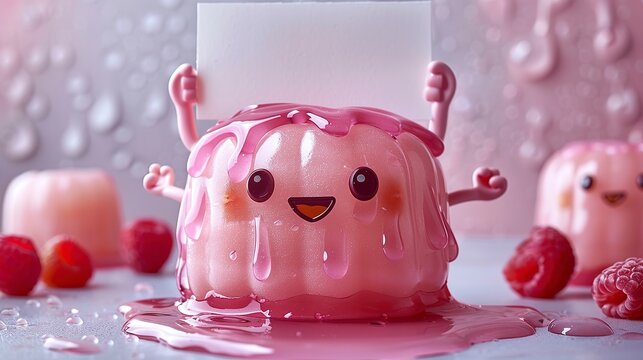 pink kawaii gello blob with hands and arms holding a white blank sign above head, isolated on white background