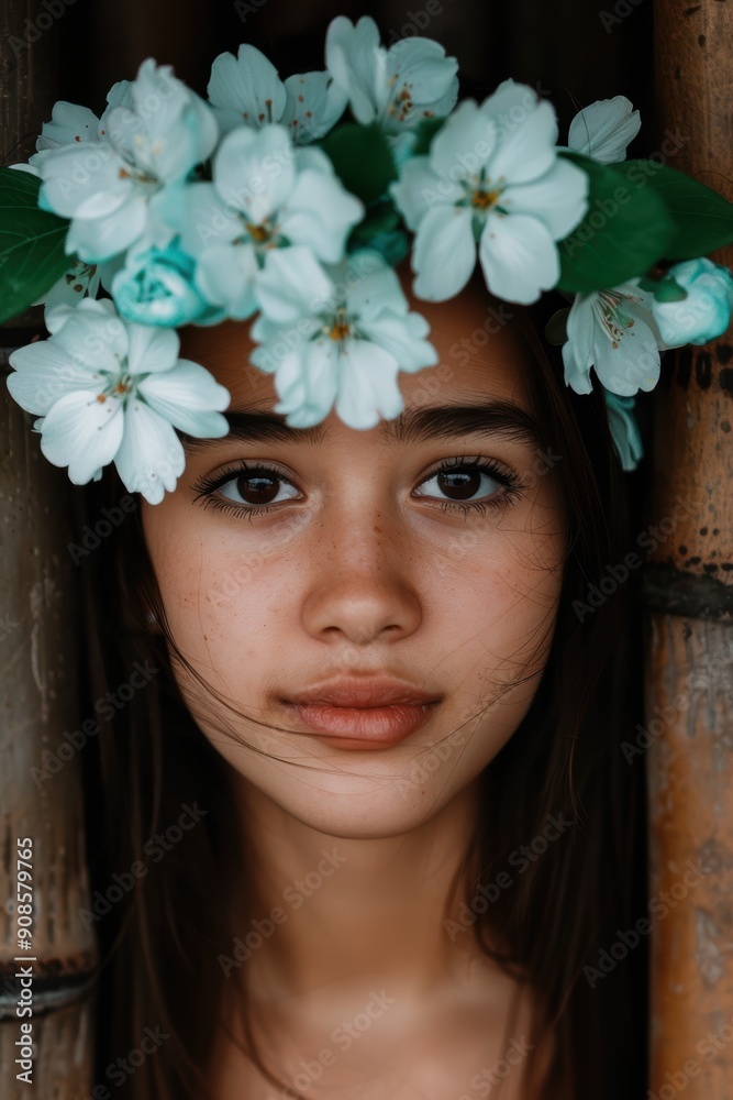 Wall mural beautiful young woman with flower crown