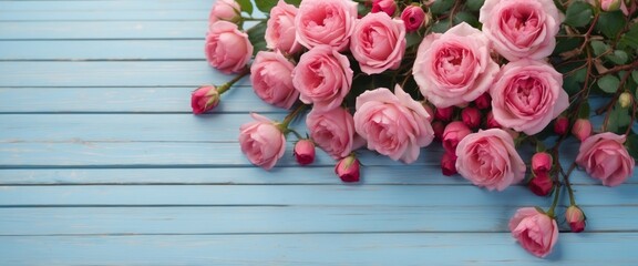 Flower spring summer composition from pink flowers of roses on light blue wooden background top view in country style, flat lay, copy space.