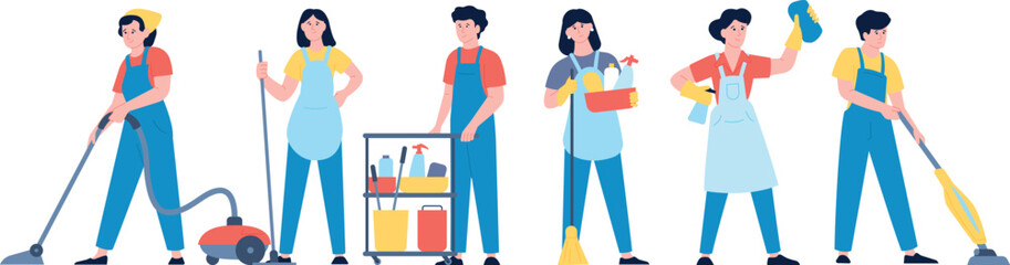 Cleaning service team. People in uniform with professional equipment