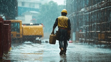 Determined Construction Worker Braving the Rain - Working in All Weather Conditions with Dedication and Resilience