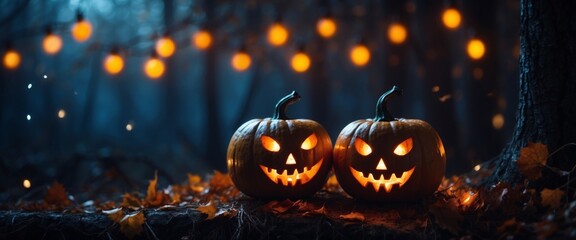 Festive decoration for Halloween Two glowing pumpkins and bat on background of dark night mystical forest, ultra wide format Magical atmosphere with festive lights.