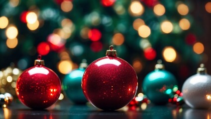 Christmas baubles on bokeh background Xmas holidays concept.