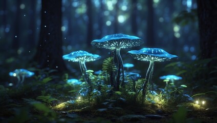 Fototapeta premium Bioluminescent Mystery A D Rendered of a Nocturnal Forest Ecosystem Glowing with HiTech Allure.