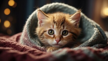 Curled Kitten Finds Comfort in a Cozy Blanket.