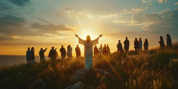 Jesus christ preaching on the hill to his followers