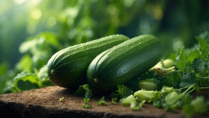 Obraz premium Crisp Cucumbers Star in a Green Haven A Double Exposure Silhouette of a Gardens Bounty.