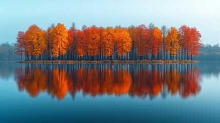 Autumn Trees Reflecting in Calm Lake, Peaceful Nature Scene, Warm Orange and Blue Palette