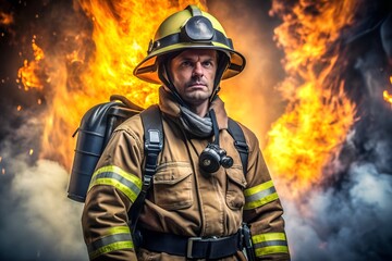 Naklejka premium Firefighter in uniform with protective helmet on his head stands against fire background