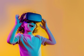 A young girl, wearing a VR headset, is pictured in front of a vibrant yellow background, her expression full of delight and excitement.