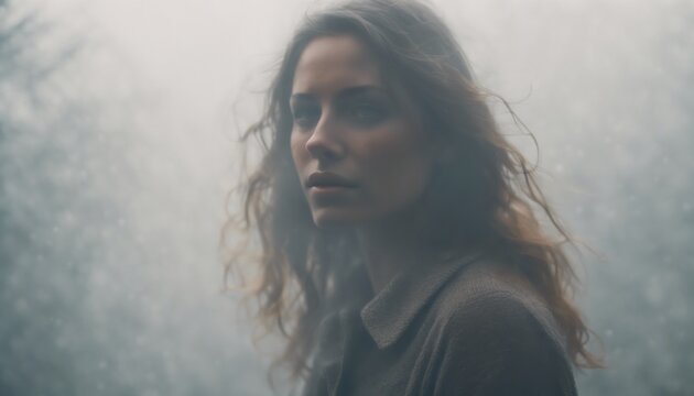 portrait of a woman in the mist with a worried expression