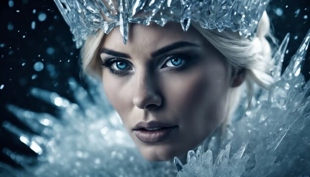 blond-haired ice queen wearing ice crystal crown and collar, with blue hues	