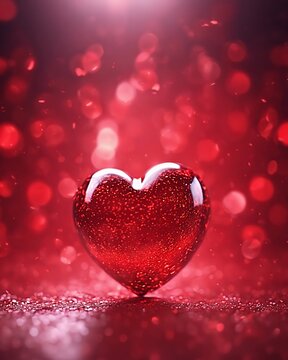 glossy red heart with red brokeh background