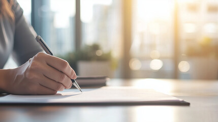 Naklejka premium Businesswoman Signing Contract with Pen - Closeup View, Office Setting with Coworkers, Colleagues at Job Meeting, Workplace Brainstorming Photo