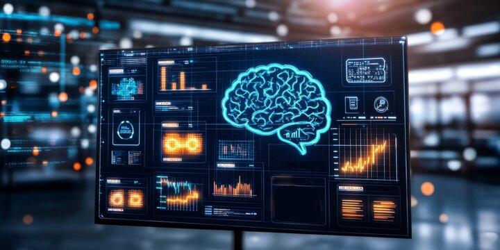 Comprehensive Visual Guide to Machine Learning Process: Data Analysis, Algorithm Development, and Model Training Stages on Blurred Background with Text Space. Tech-Blue Professional Illustration for A