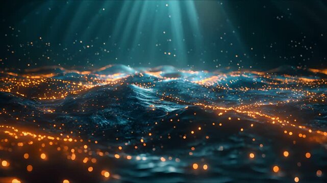 Abstract underwater scene with shimmering particles and a bright light beam.