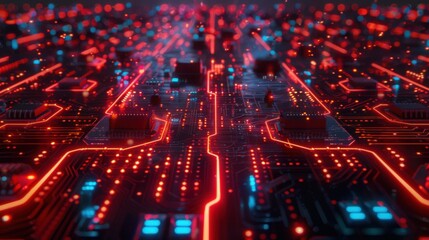 Obraz premium A close-up view of a circuit board with glowing red lines. AI.