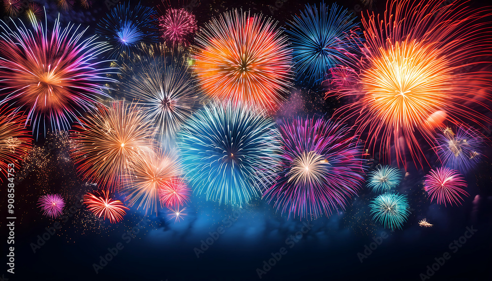 Poster colorful fireworks with wide dark copy space- a vibrant display of colorful fireworks w_1(206)
