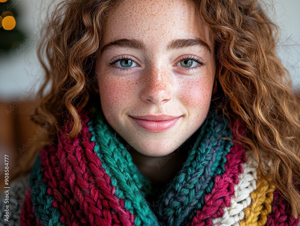 Poster Smiling young woman with curly red hair and freckles wearing a colorful knit scarf