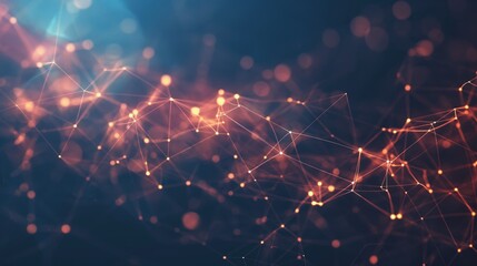 Obraz premium Digital network illustration composed of numerous lines and dots creating complex pattern in motion. Red and orange colors used on dark blue background.