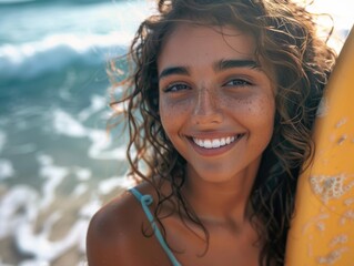 A surfer girl smiles brightly as she holds her surfboard. AI.