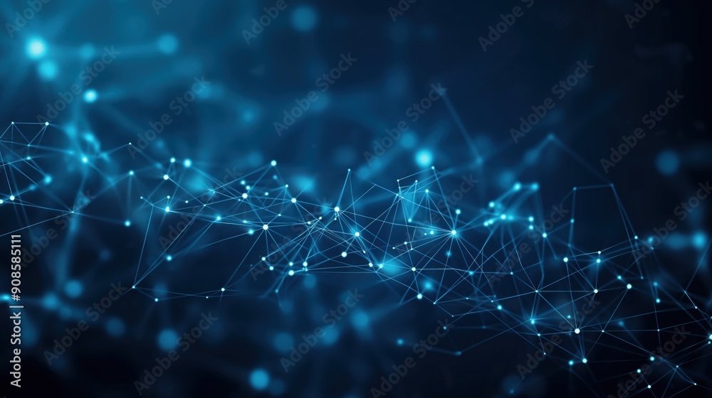 Aufkleber network of interconnected lines and dots in shades of blue on dark background. depth and perspective