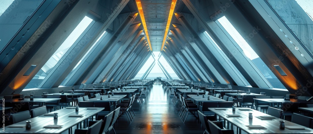 Canvas Prints A futuristic dining space with rows of tables and chairs. AI.