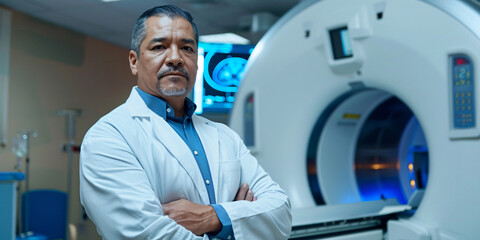 Fototapeta premium A confident doctor stands in front of an MRI scanner, showcasing the advanced technology used in modern healthcare.. caucasian man