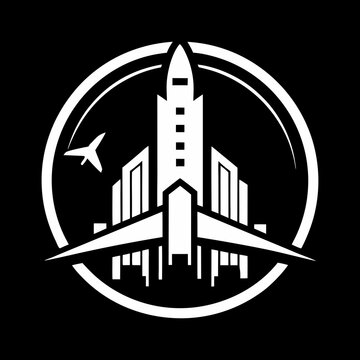recommend clip art: travel logo jet building in center white outline vector art illustration